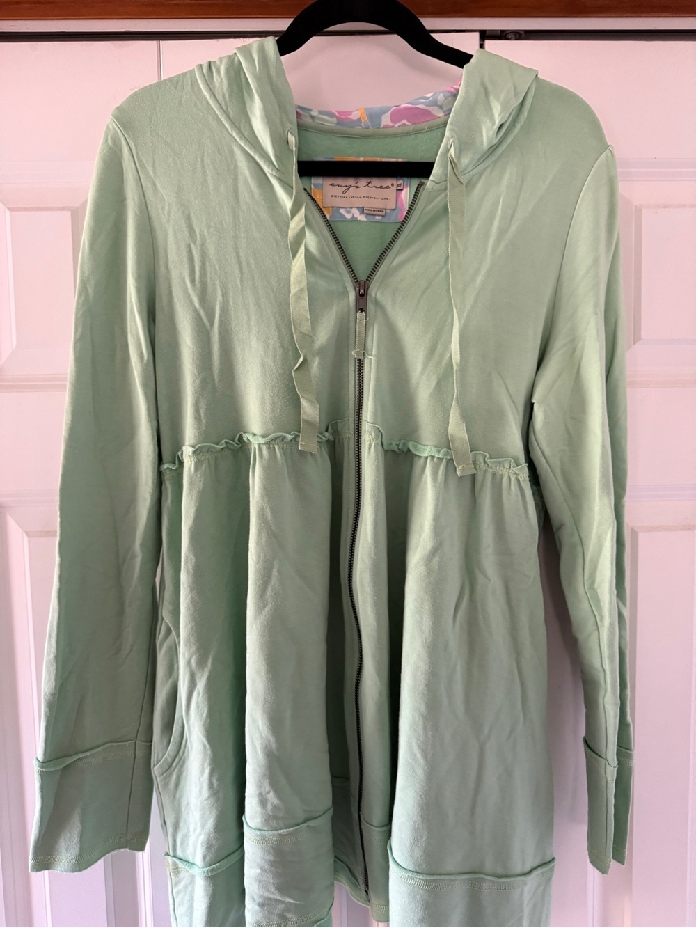 evy's tree Mint Green Hooded Zip-Up Jacket with Gathered Waist